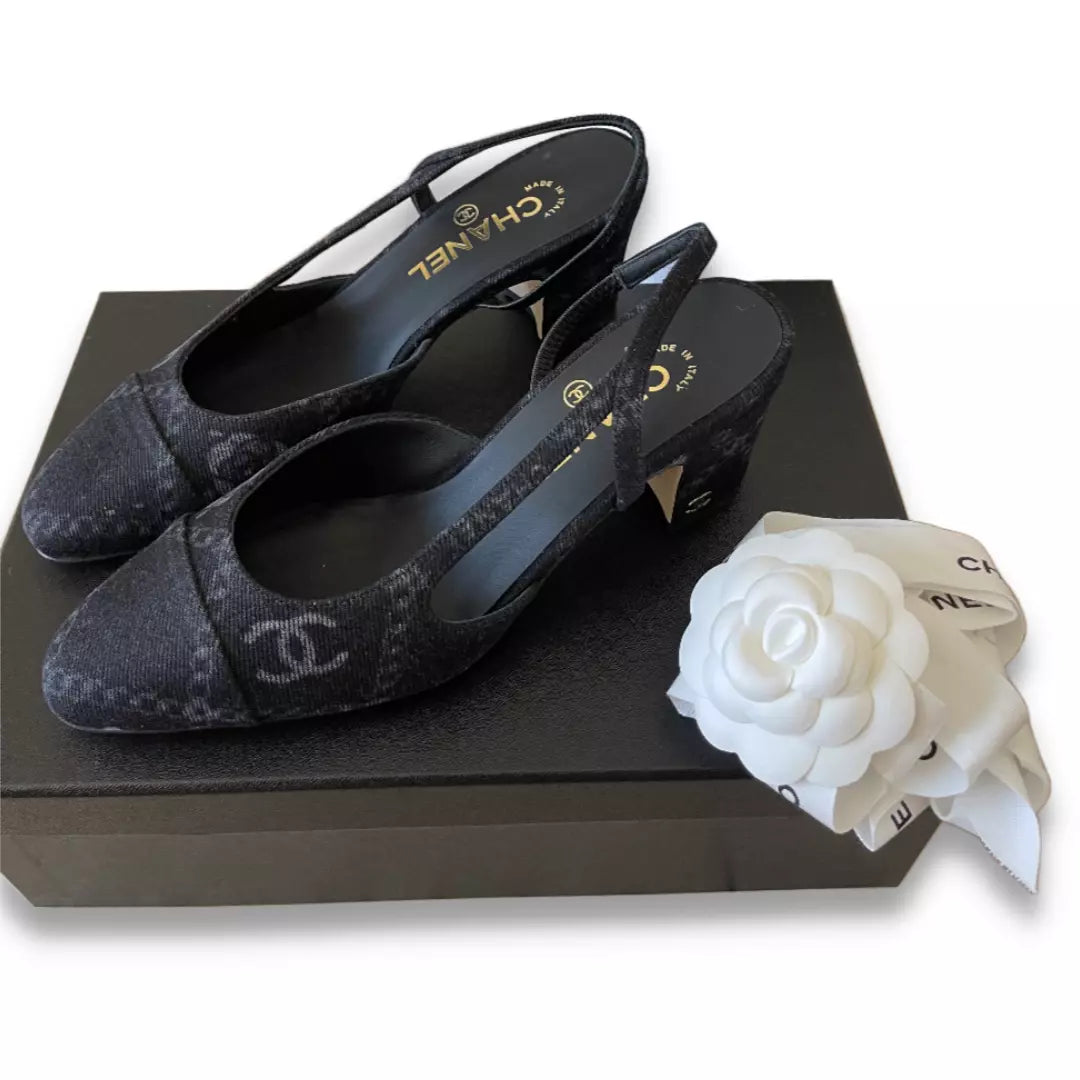 CHANEL BLACK DENIM SLINGBACK