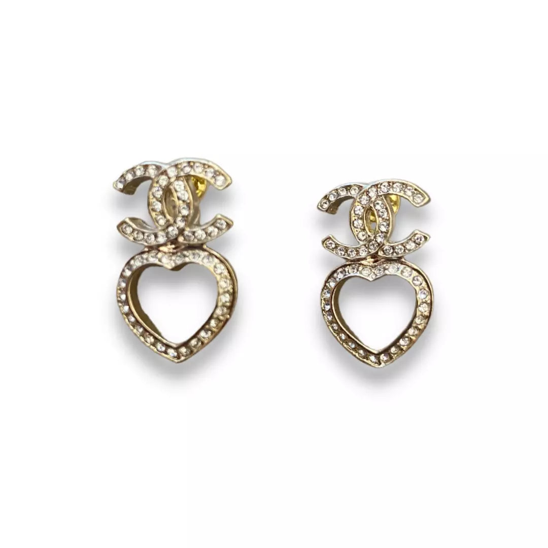 CHANEL CC HEART CRYSTALS & METAL EARRINGS