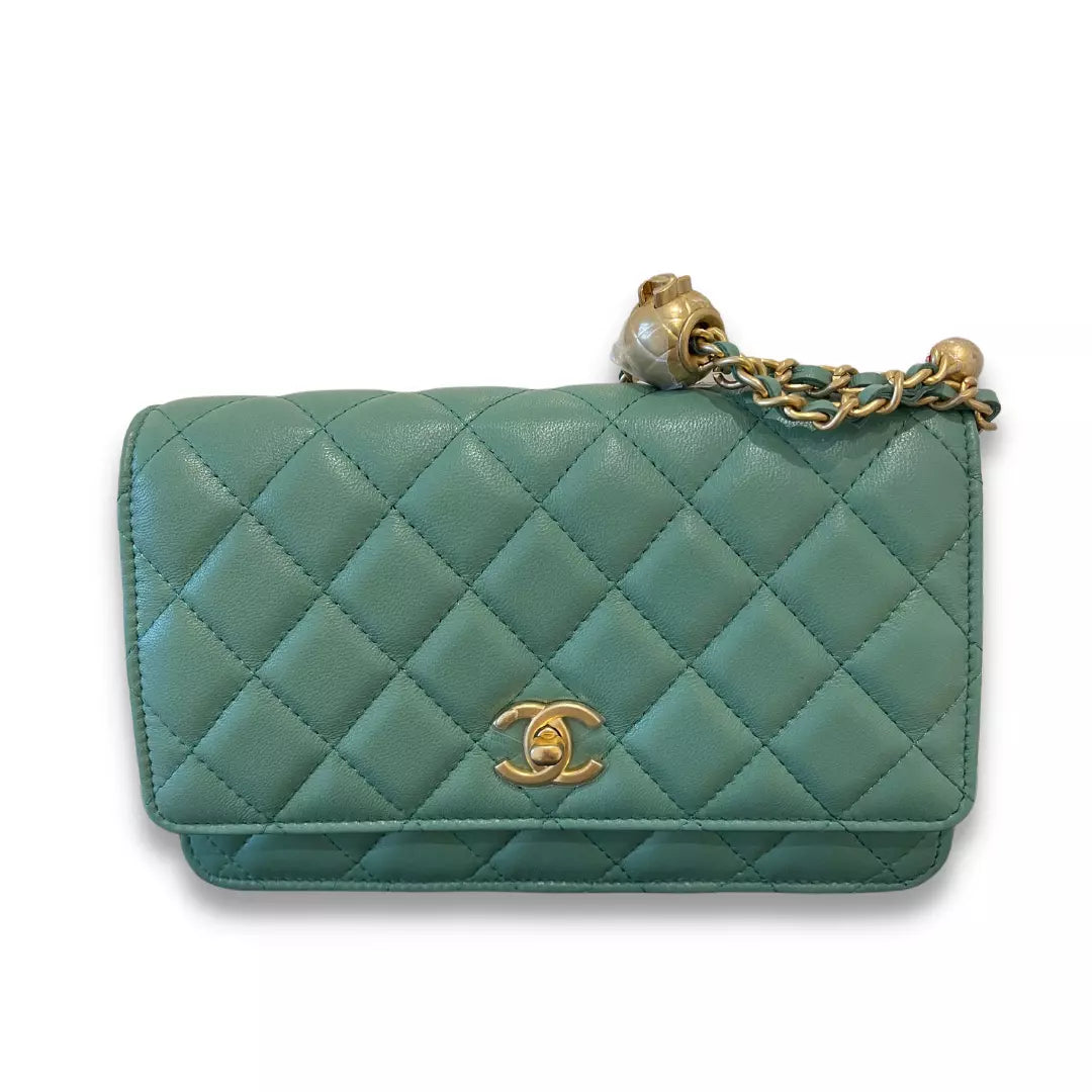 CHANEL GREEN LEATHER WALLET ON CHAIN BAG