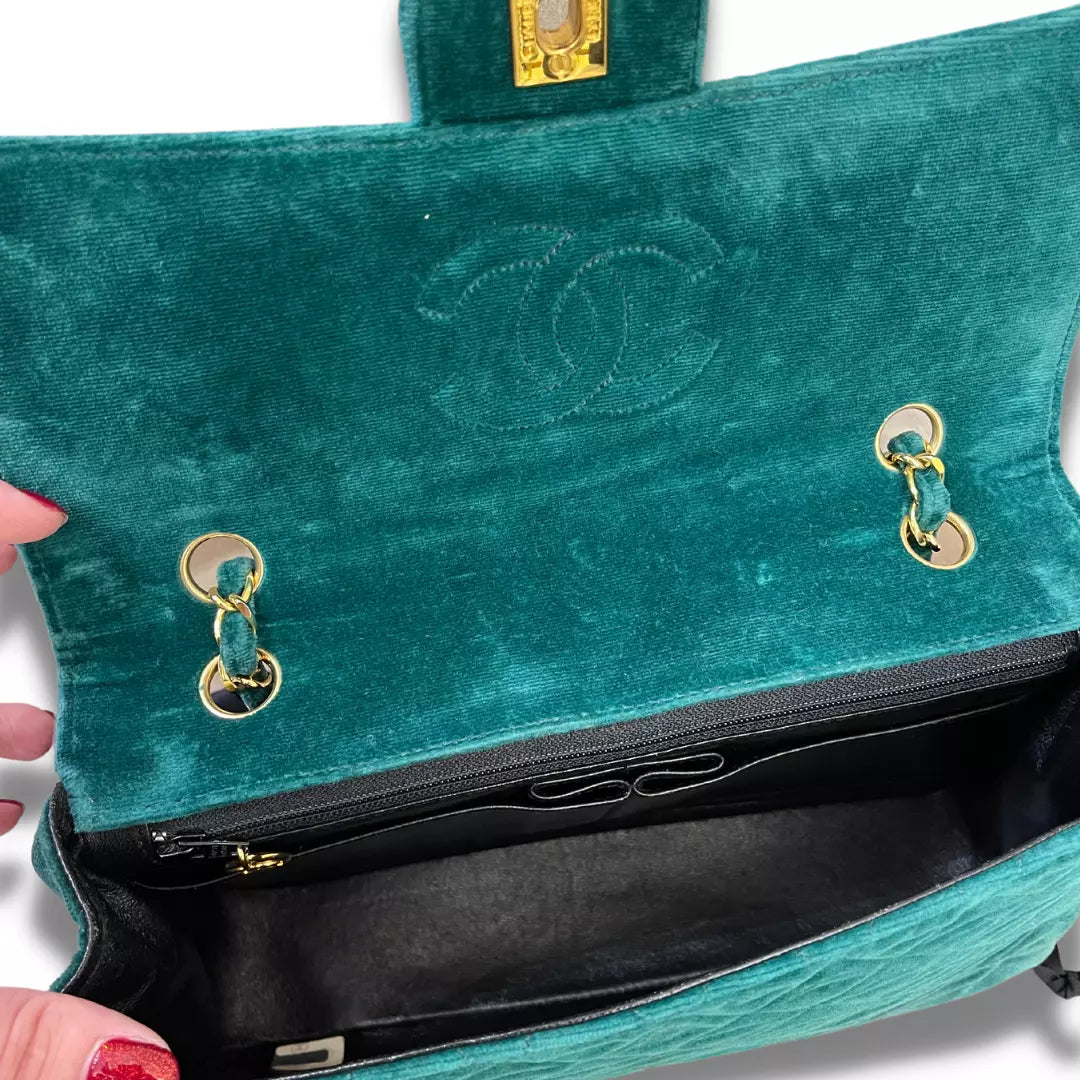 CHANEL GREEN VELVET TIMELESS VELOURS BAG