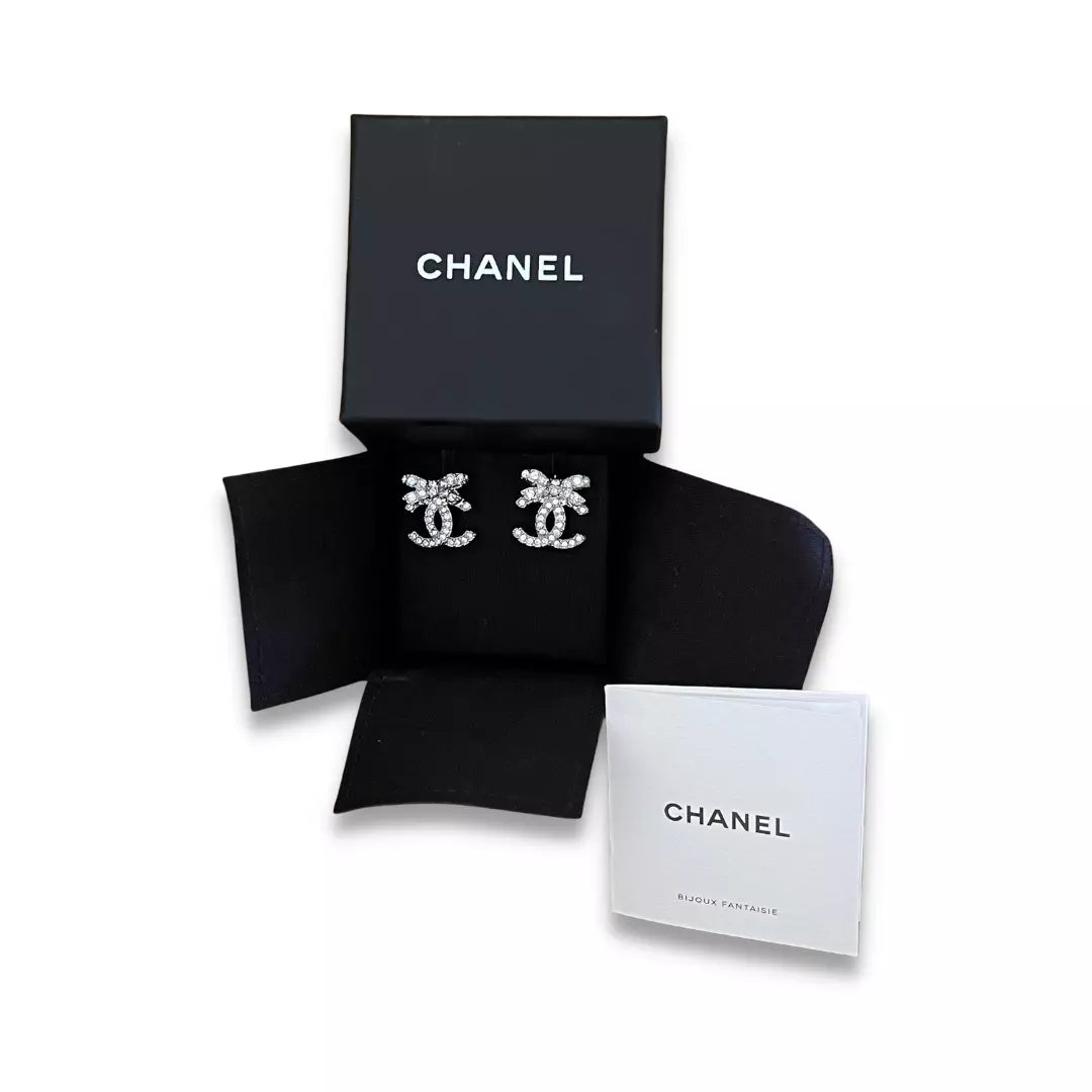 CHANEL SILVER CC CRYSTAL & RIBBONS EARRINGS