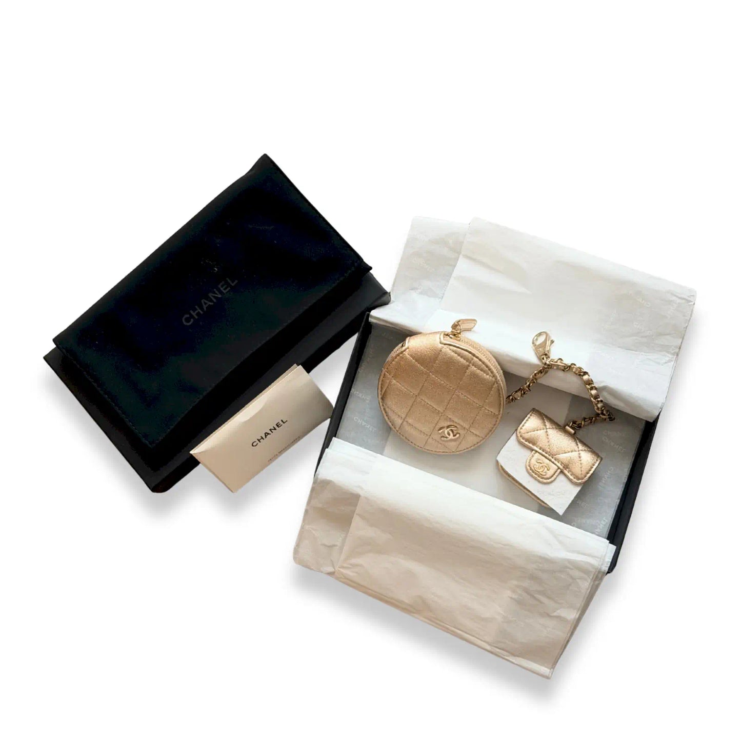 CHANEL GOLD QUILTED DUO ROUND POUCH SET