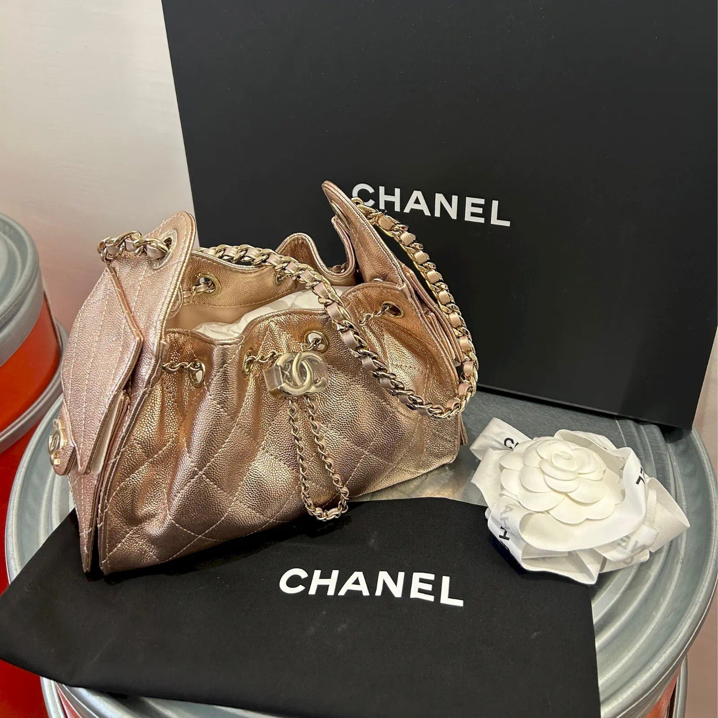 CHANEL 25 MINI ROSÉ METALLIC BAG