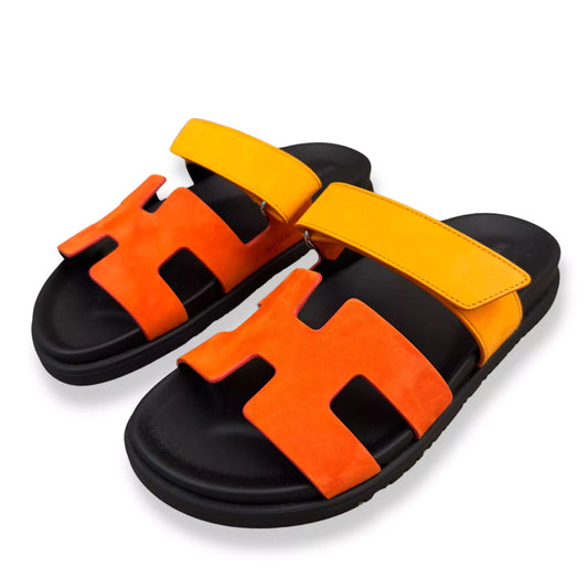 HERMÈS ROUGE ÉCARLATE/SUNSET SUEDE LEATHER CHYPRE SANDALS