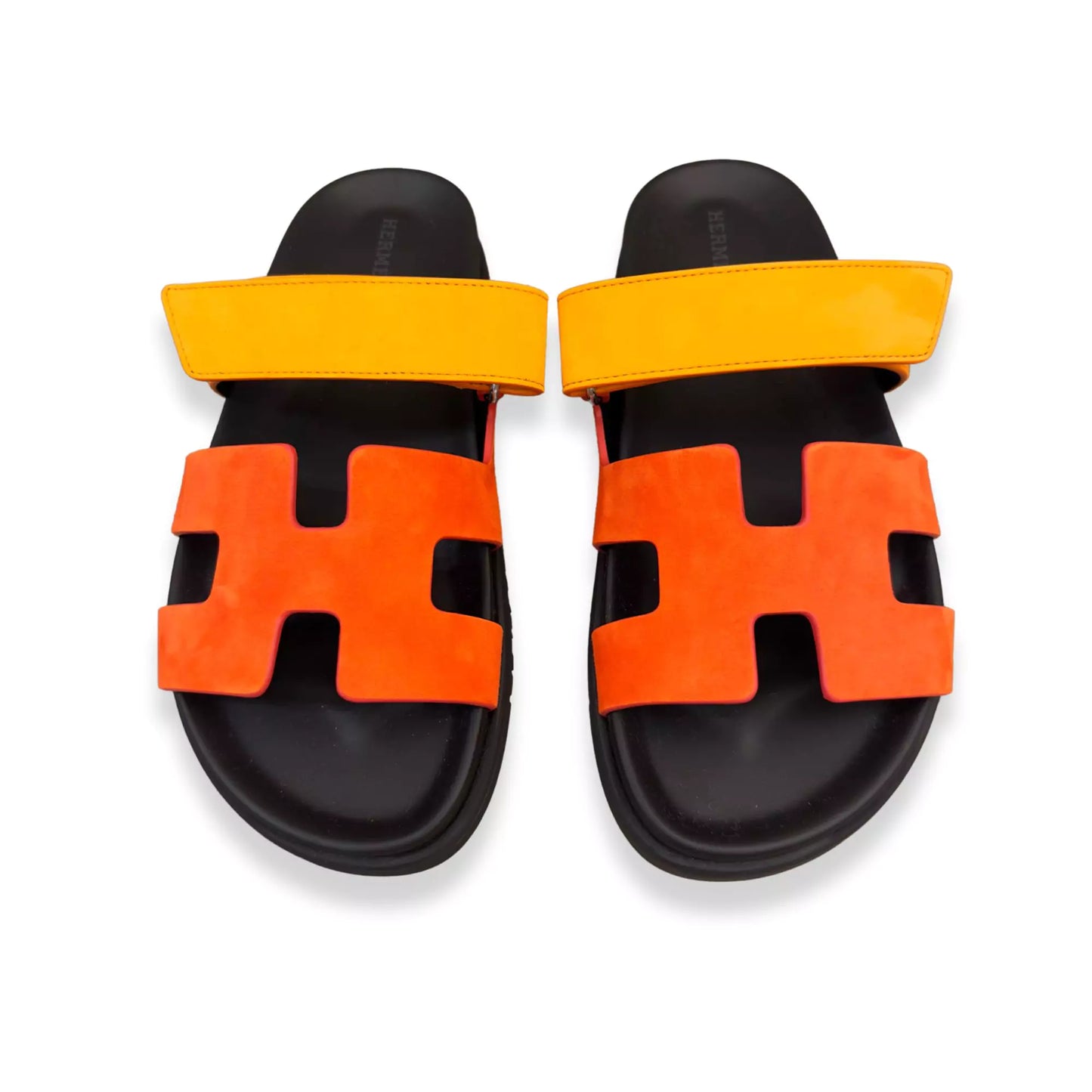 HERMÈS ROUGE ÉCARLATE/SUNSET SUEDE LEATHER CHYPRE SANDALS