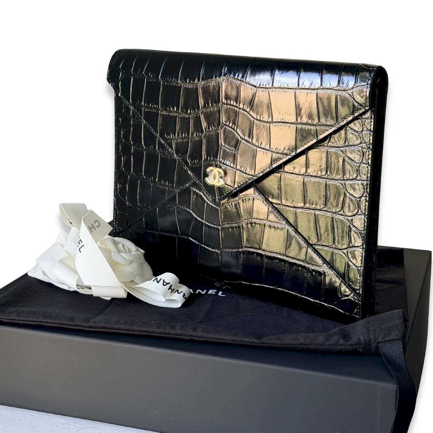 CHANEL BLACK CROCODILE EMBOSSED ENVELOPE CLUTCH BAG