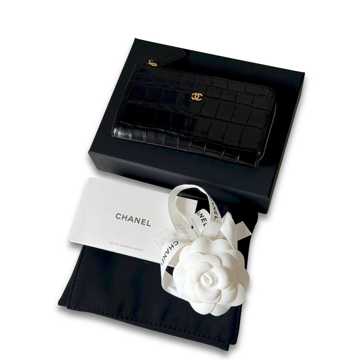 CHANEL BLACK PATENT CROCODILE EMBOSSED ZIP WALLET
