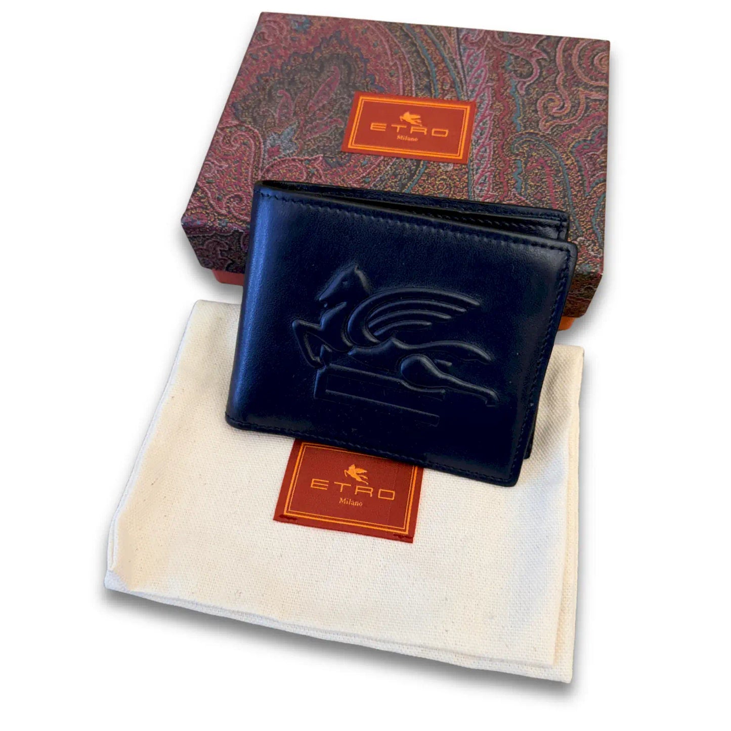 ETRO BLUE EMBOSSED PEGASO BIFOLD WALLET