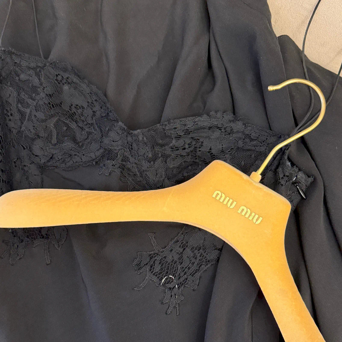 MIU MIU BLACK LACE-TRIMMED SLIP DRESS