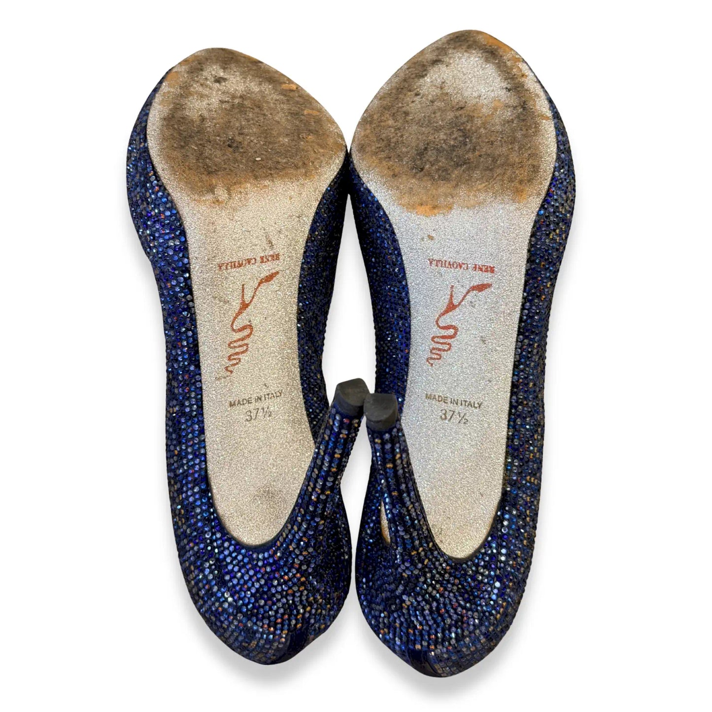 RENÉ CAOVILLA BLUE CRYSTAL PEEP-TOE HEELS