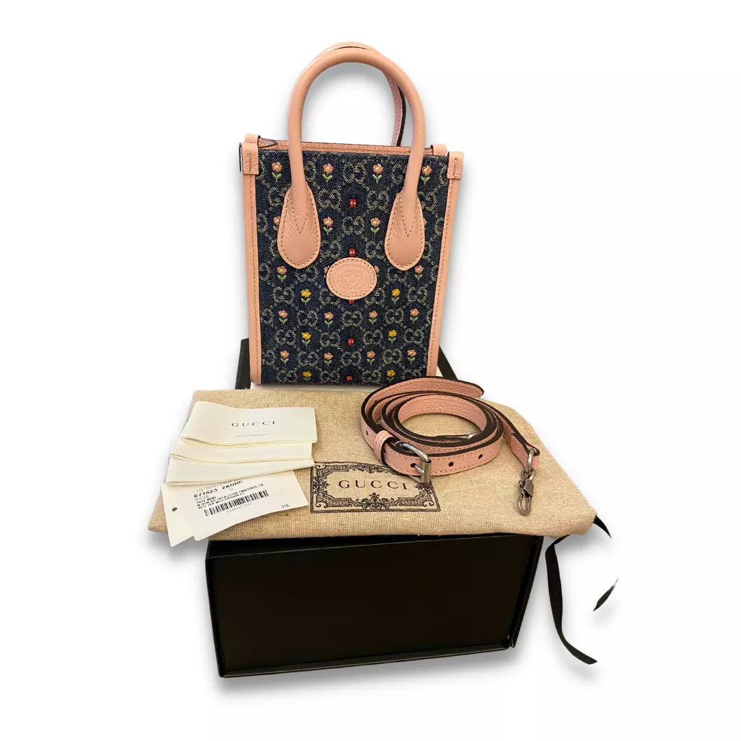 GUCCI OPHIDIA FLOWER & DENIM TOTE BAG