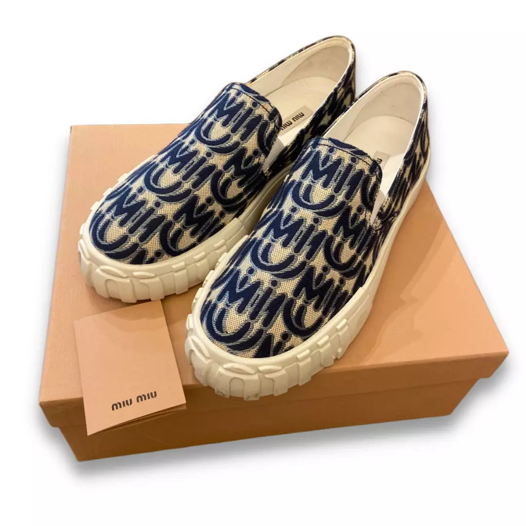 MIU MIU BLUE MONOGRAM PRINT SNEAKERS
