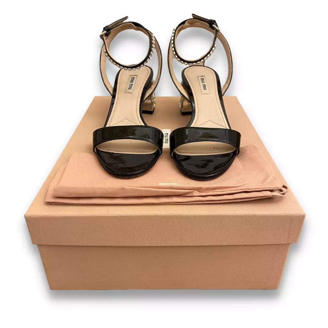 MIU MIU BLACK LEATHER CRYSTAL BLOCK SANDALS