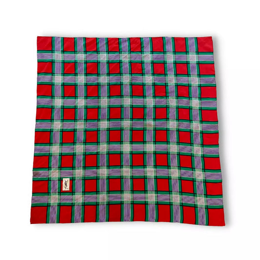 Yves Saint Laurent YSL RED SILK TARTAN SCARF