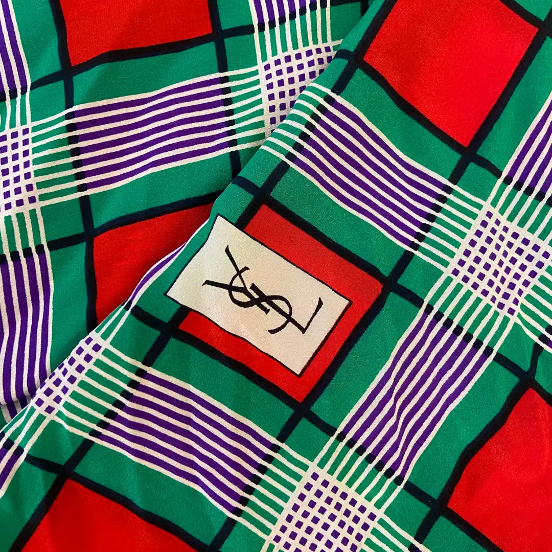 Yves Saint Laurent YSL RED SILK TARTAN SCARF