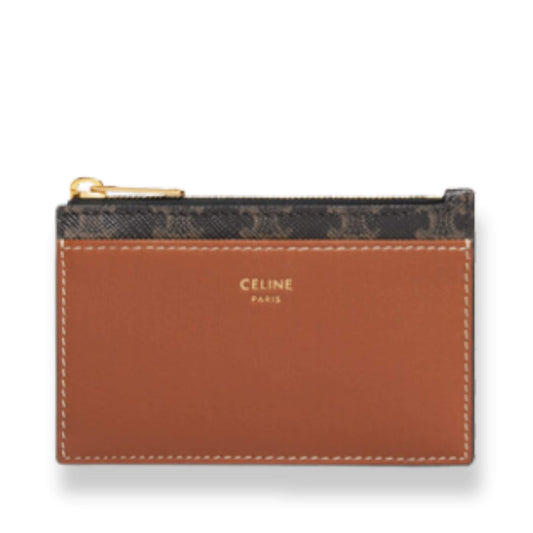CELINE ZIPPED CARD HOLDER IN TRIOMPHE CANVAS AND LAMBSKIN TAN