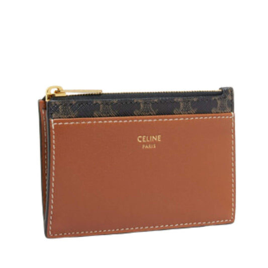 CELINE ZIPPED CARD HOLDER IN TRIOMPHE CANVAS AND LAMBSKIN TAN
