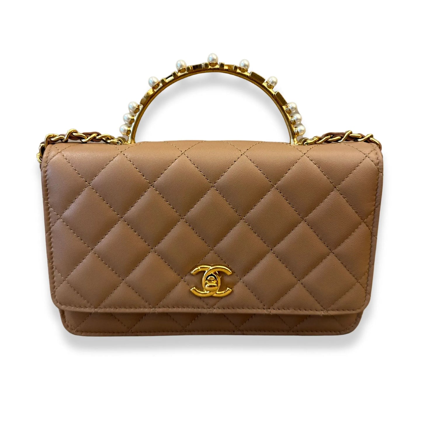 CHANEL BEIGE TOP HANDLE WITH PEARLS BAG