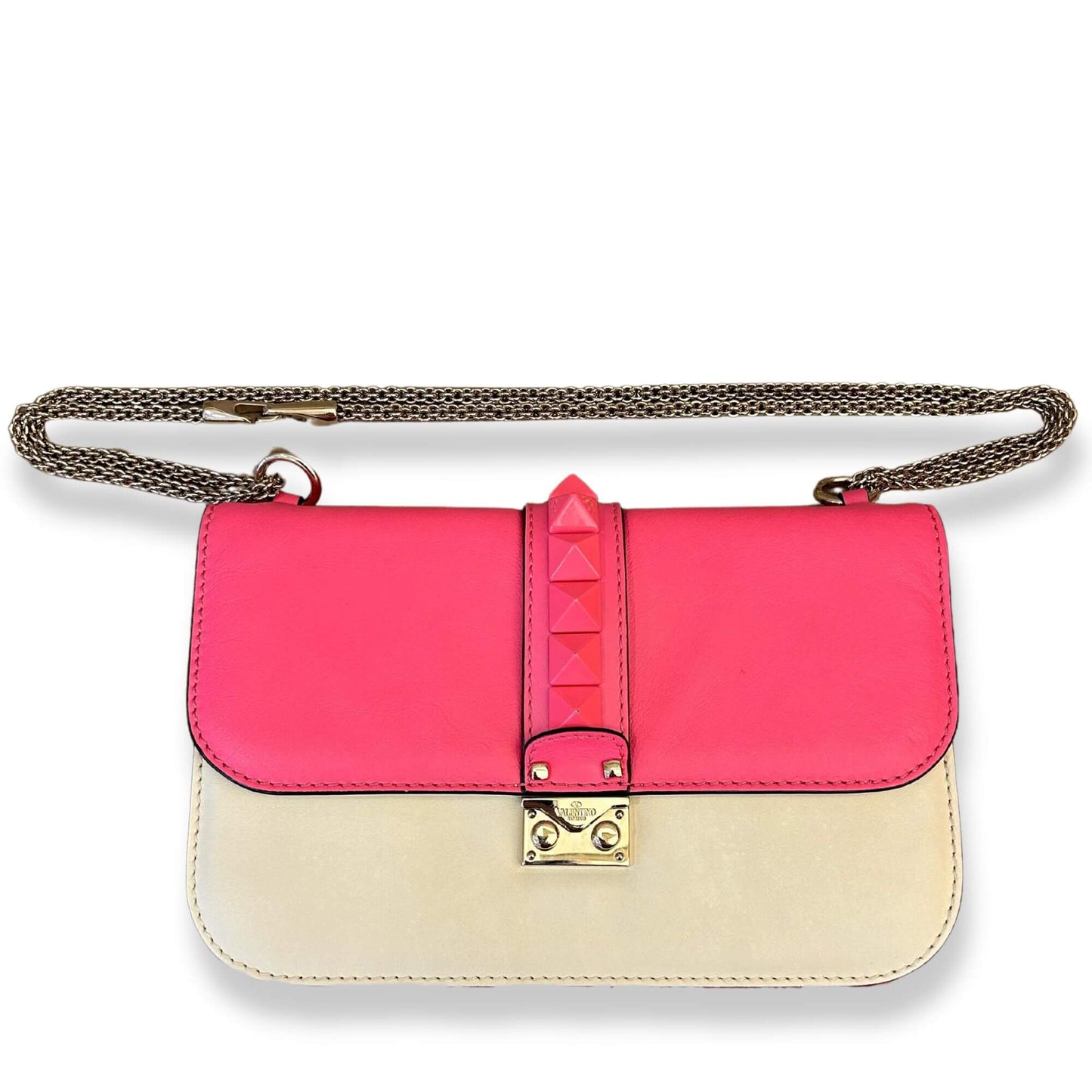 VALENTINO PINK & WHITE GLAM ROCKSTUD LOCK CHAIN BAG
