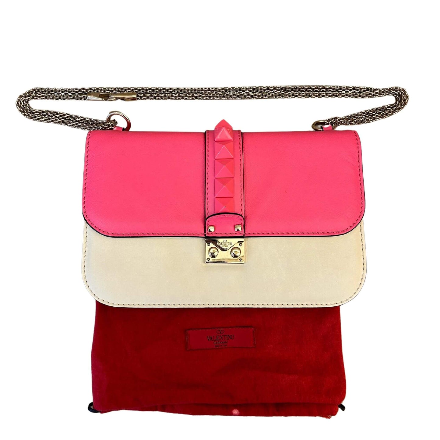 VALENTINO PINK & WHITE GLAM ROCKSTUD LOCK CHAIN BAG