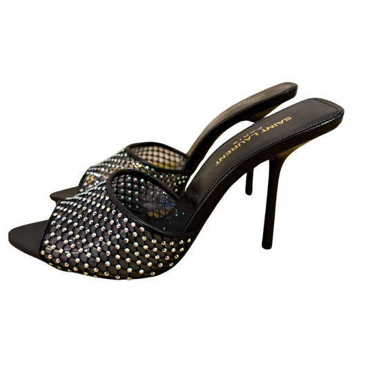 Yves Saint Laurent YSL BLACK SHINY MESH HIGH OPEN SANDALS