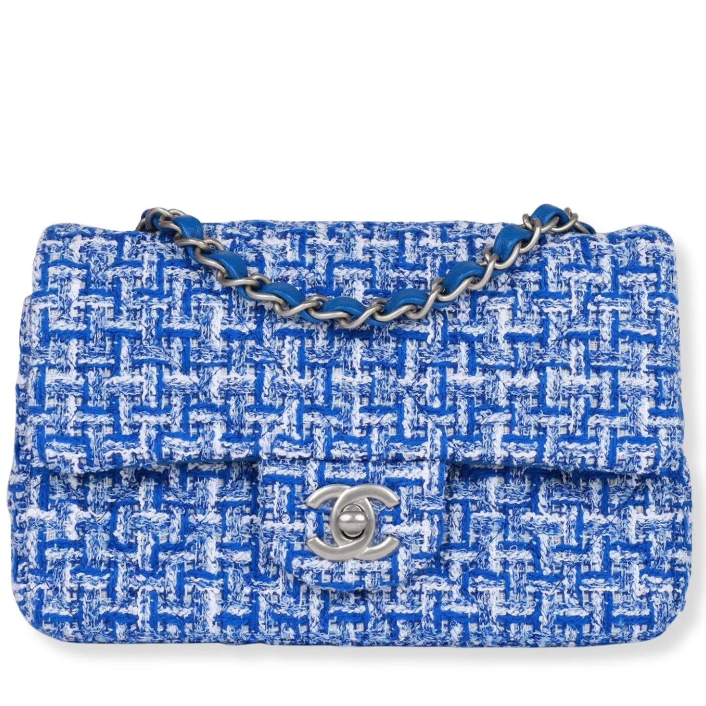 CHANEL BLUE AND WHITE TWEED CLASSIC FLAP