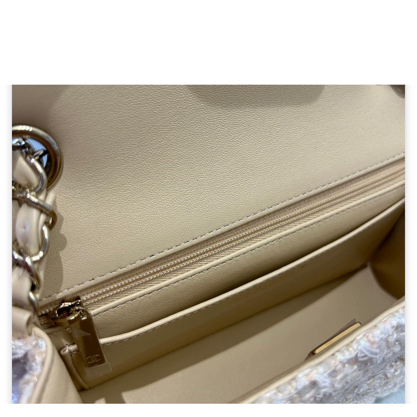 CHANEL BEIGE TWEED MINI CLASSIC FLAP BAG