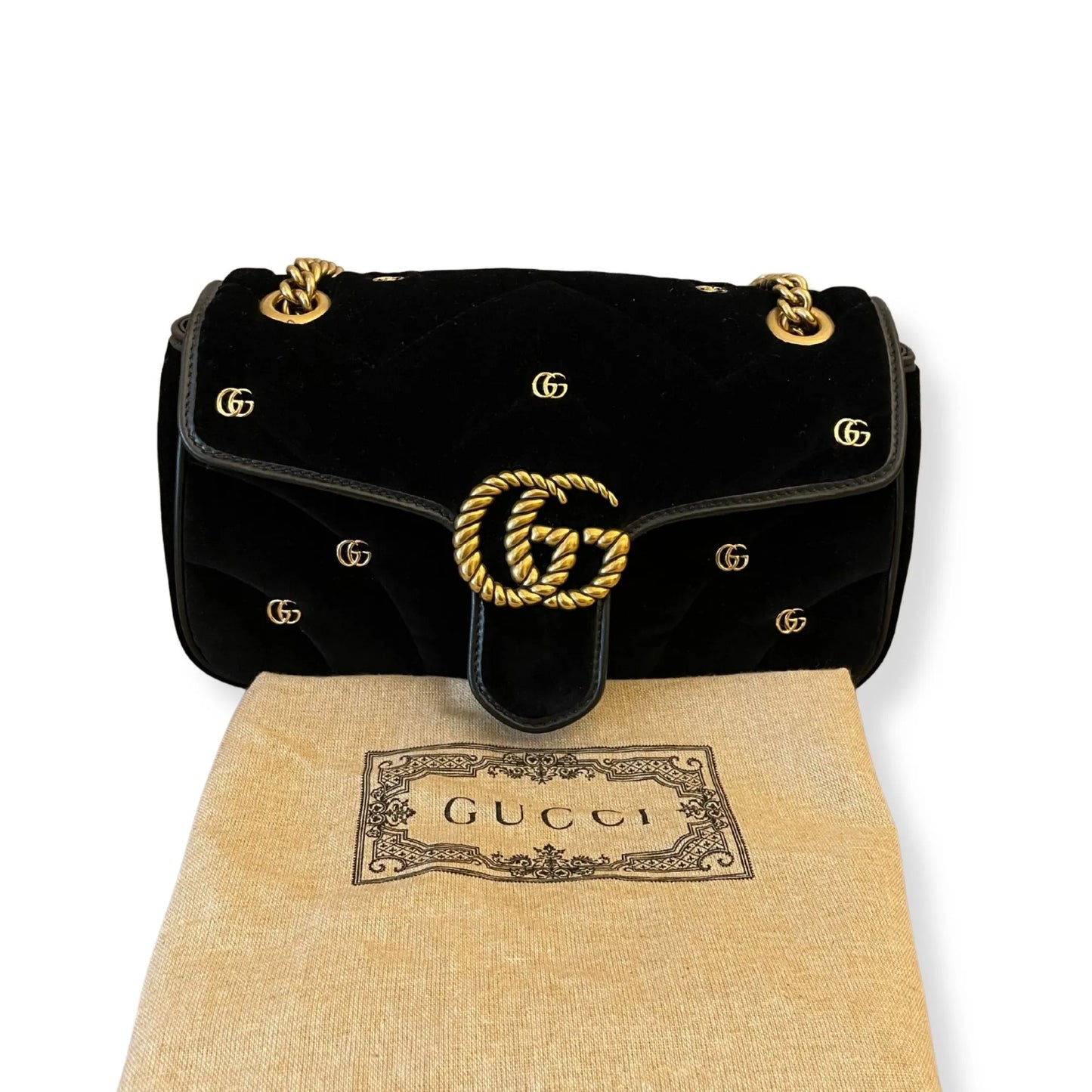 GUCCI VELVET METALASSÉ STUDS SMALL TORCHON GG MARMONT