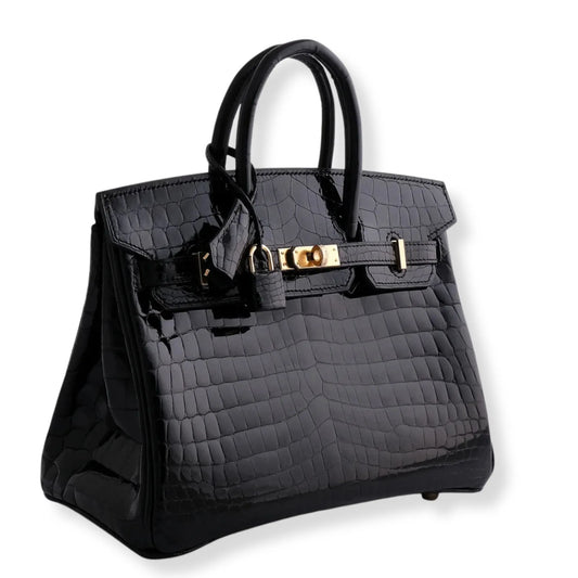 HERMÈS BIRKIN 25 BLACK SHINY CROC LEATHER BAG