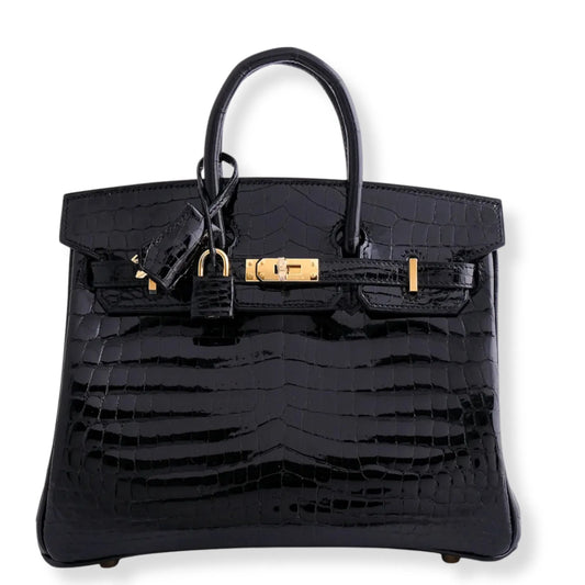 HERMÈS BIRKIN 25 BLACK SHINY CROC LEATHER BAG