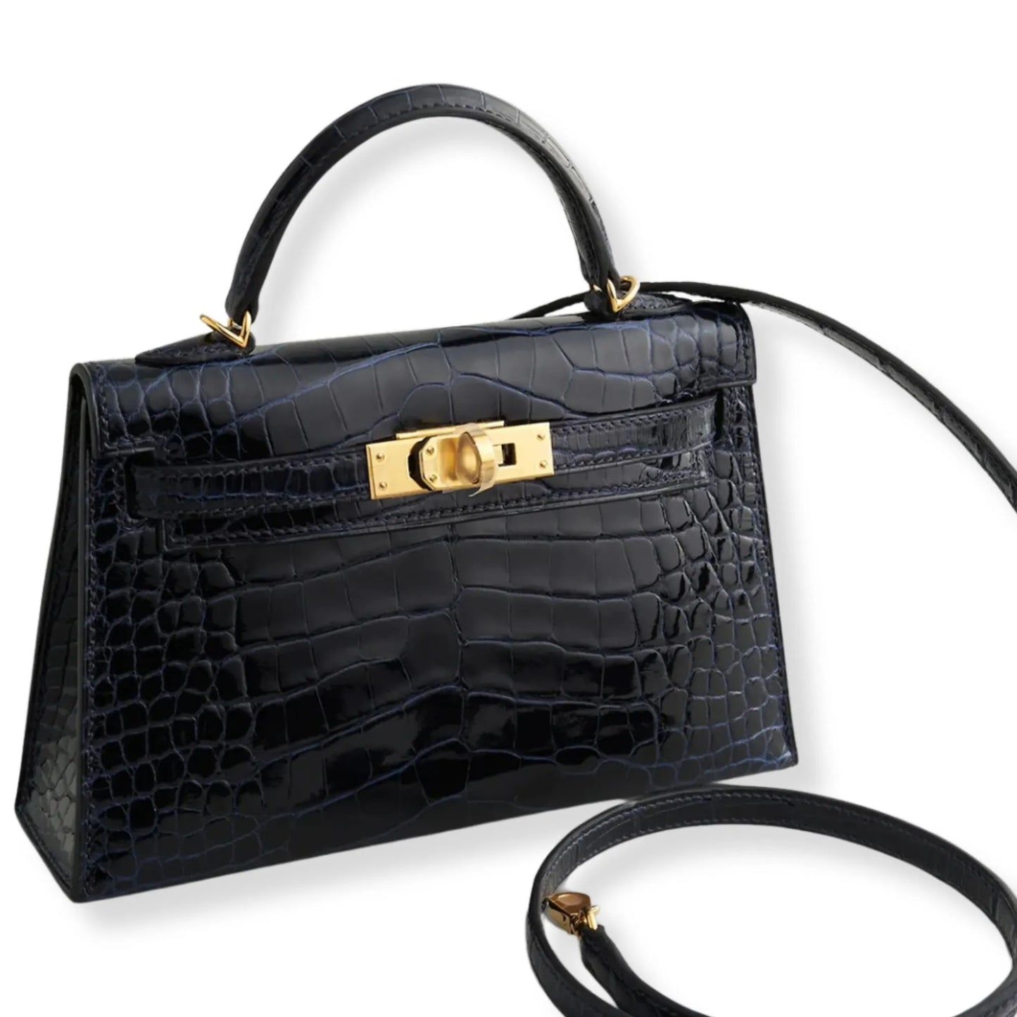 HERMÈS MINI KELLY BLUE MARINE SHINY ALLIGATOR LEATHER BAG