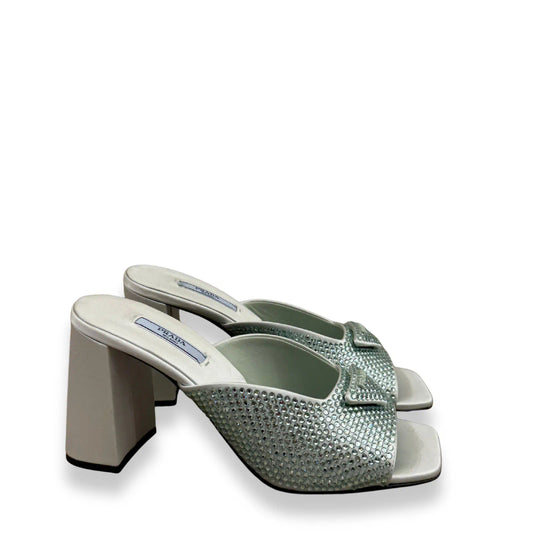 PRADA HIGH- HEELED SATIN SLIDES