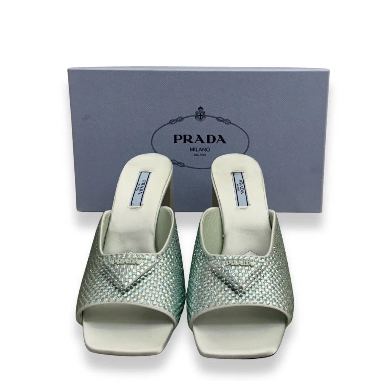 PRADA HIGH-HEELED CRYSTAL SATIN SLIDES