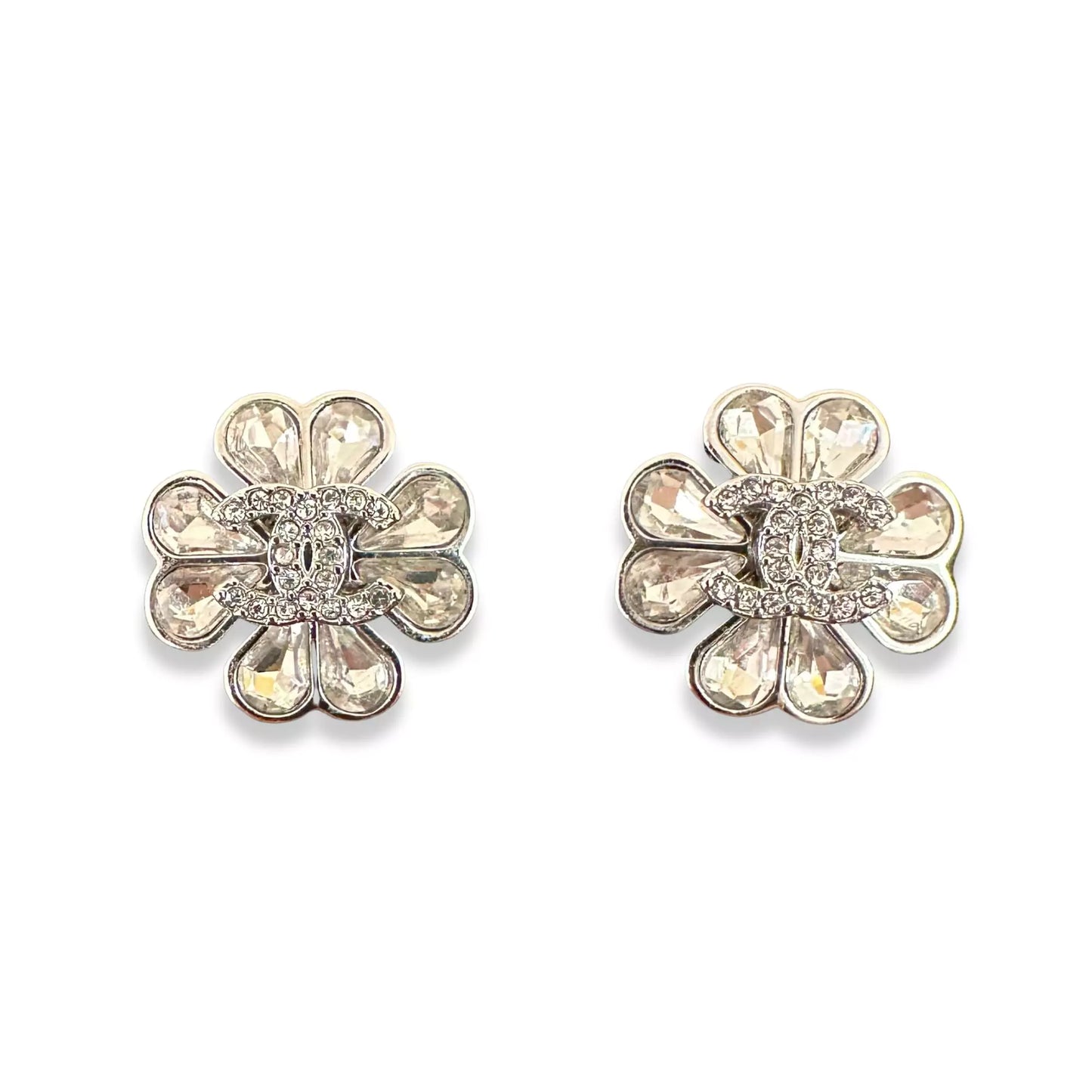CHANEL SILVER CC CRYSTAL FLOWER EARRINGS
