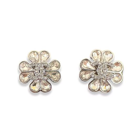 CHANEL SILVER CC CRYSTAL FLOWER EARRINGS