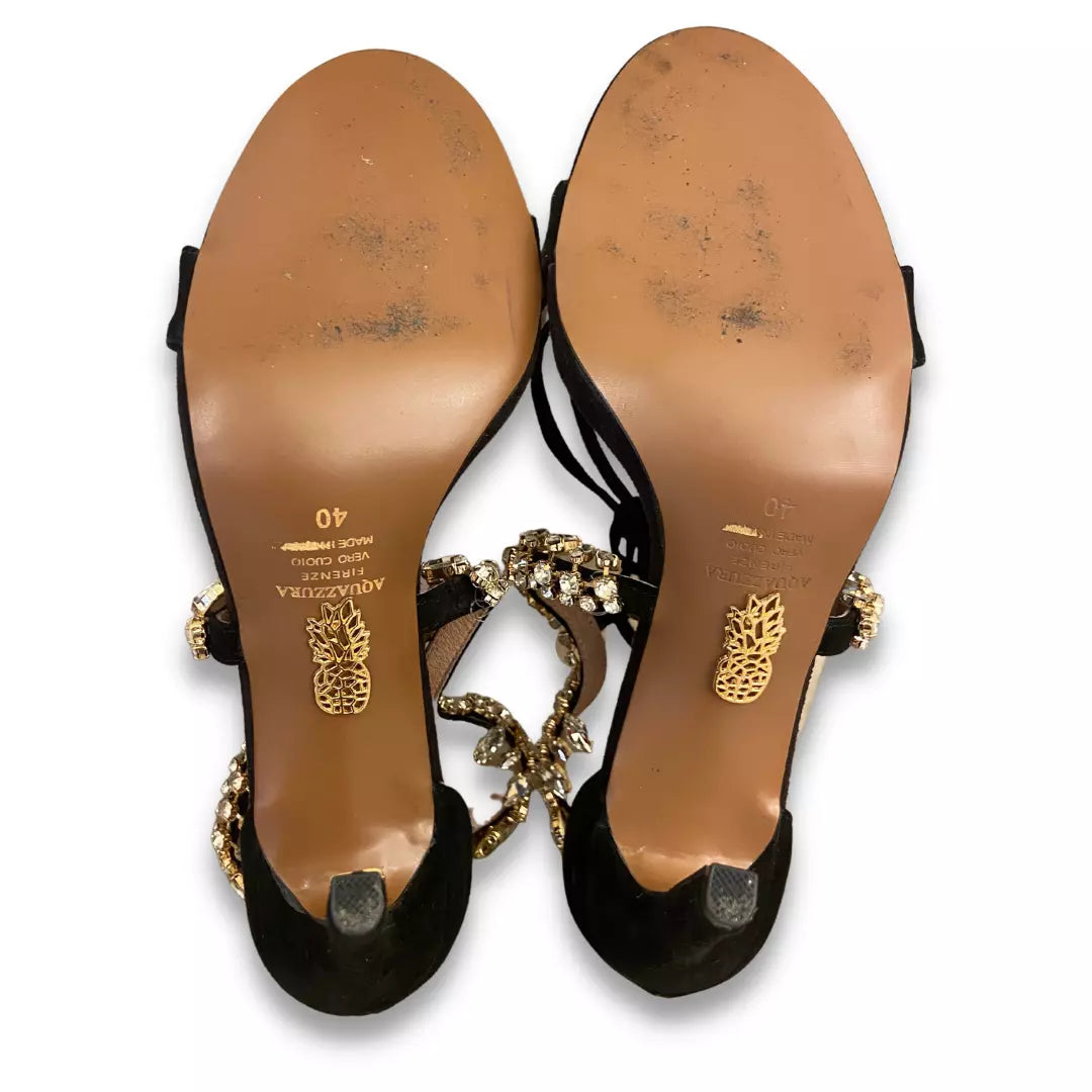 AQUAZZURA BLACK CRYSTAL MILLA SANDALS