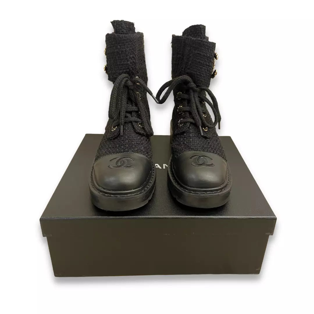 CHANEL BLACK QUILTED TWEED CC BOOTS