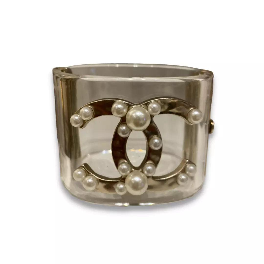 CHANEL CLEAR RESIN AND PEARLS CC WIDE CUFF BRACELET