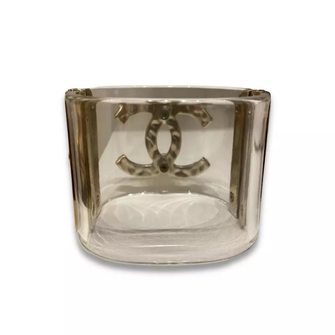 CHANEL CLEAR RESIN AND PEARLS CC WIDE CUFF BRACELET