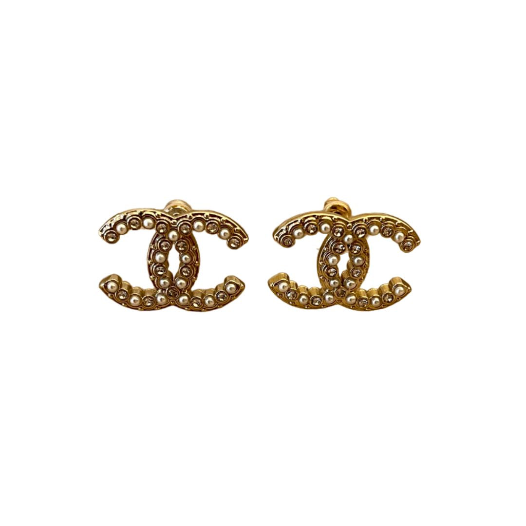 CHANEL CRYSTAL AND PEARLS STUD CC EARRINGS