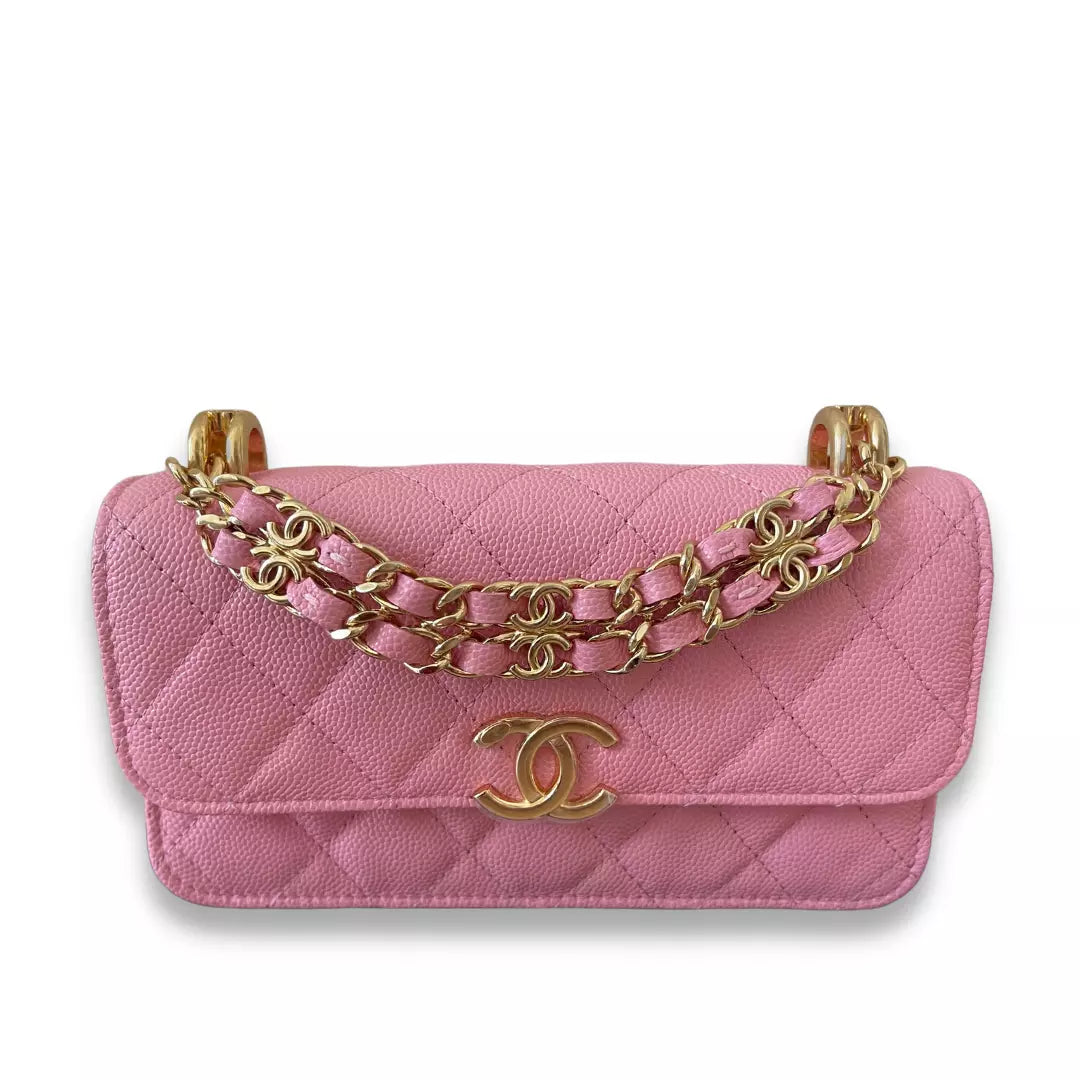 CHANEL PINK LEATHER WALLET ON CHAIN BAG