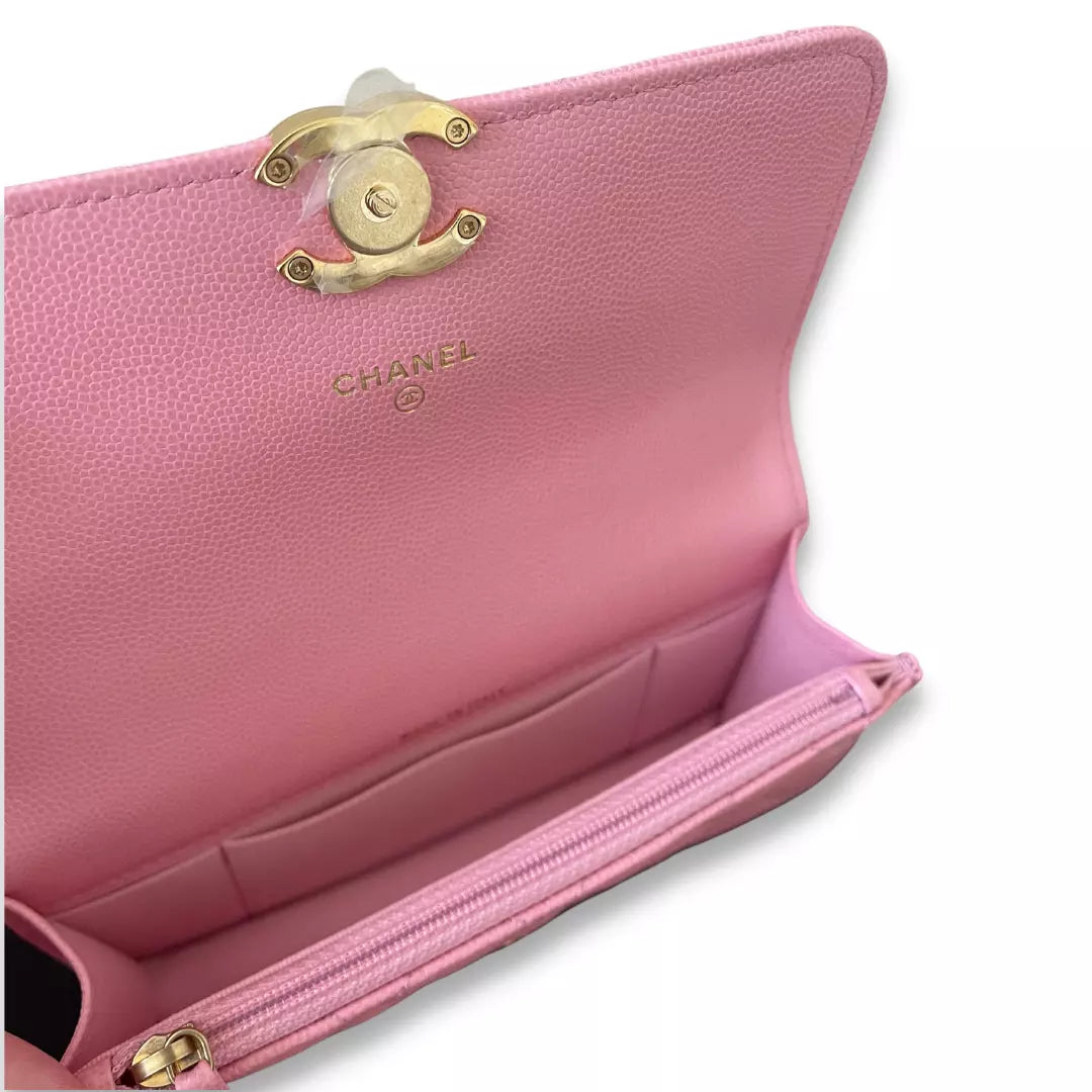 CHANEL PINK LEATHER WALLET ON CHAIN BAG