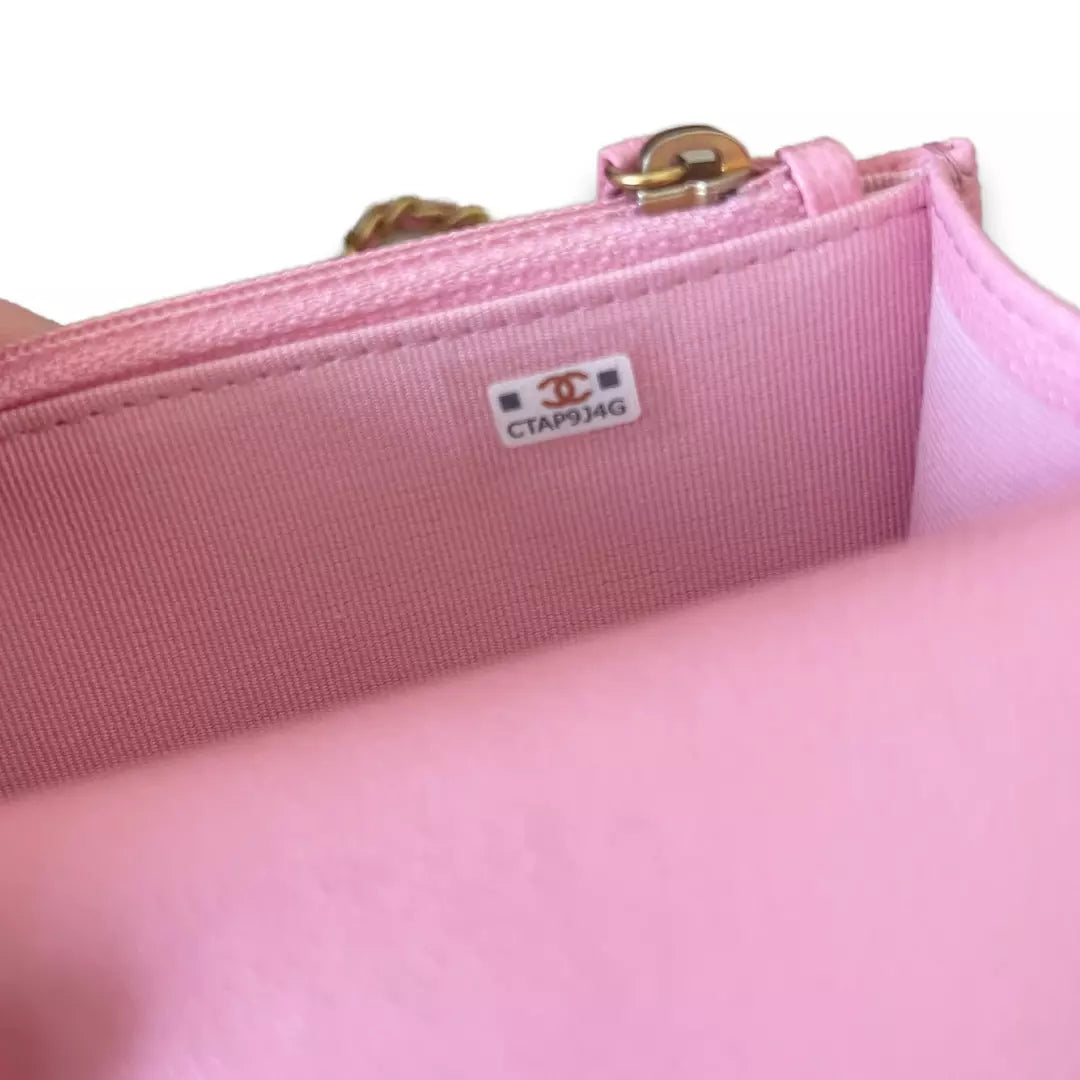 CHANEL PINK LEATHER WALLET ON CHAIN BAG