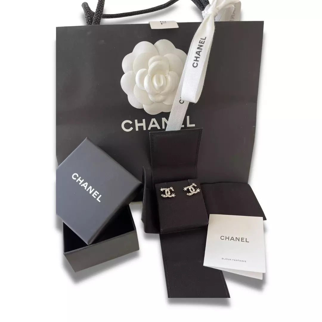 CHANEL SILVER CC CRYSTAL EARRINGS