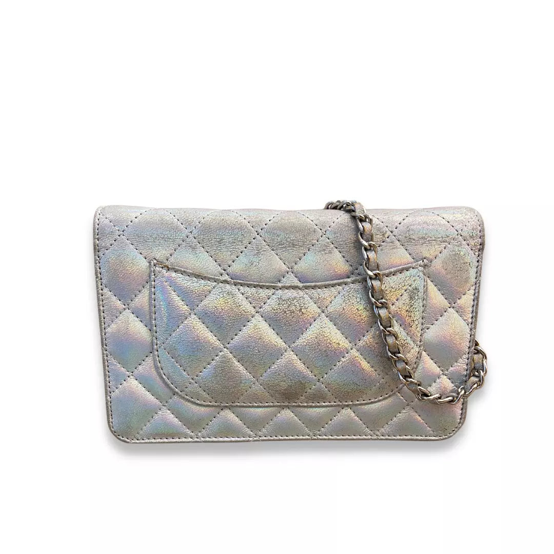 CHANEL SILVER LEATHER WALLET ON CHAIN BAG
