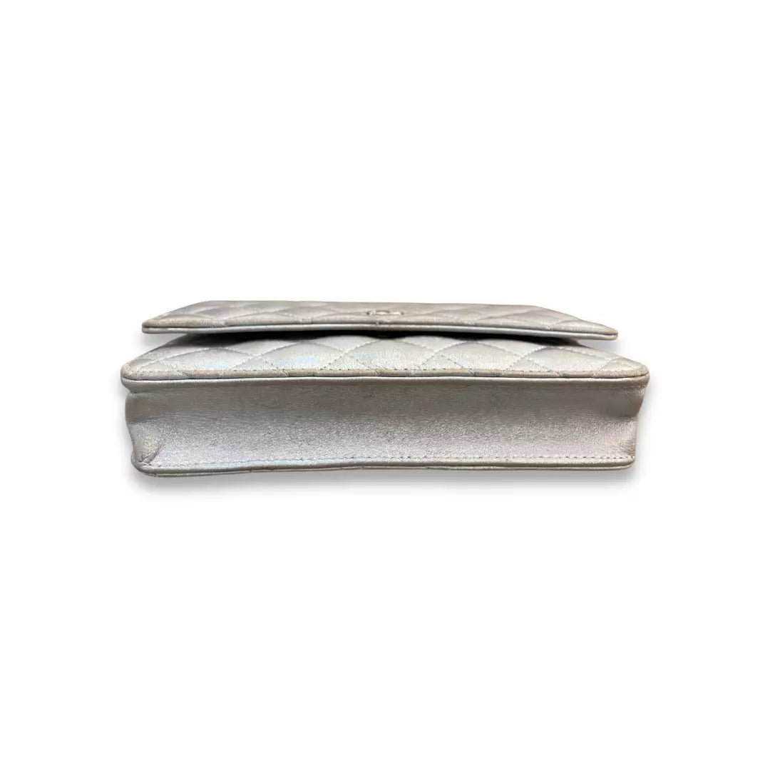 CHANEL SILVER LEATHER WALLET ON CHAIN BAG