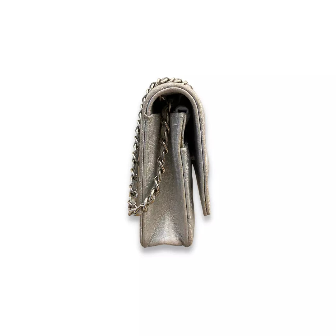 CHANEL SILVER LEATHER WALLET ON CHAIN BAG