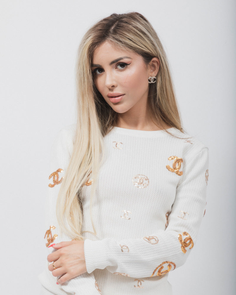 CHANEL WHITE & GOLD MESH SEQUIN CC SWEATER