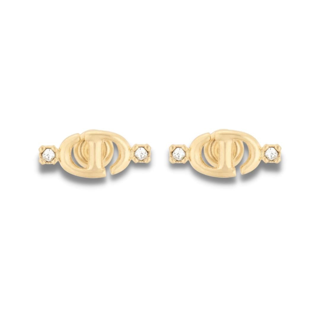 DIOR GOLD FINISH METAL CD NAVY SILVER CRYSTTALS EARRINGS