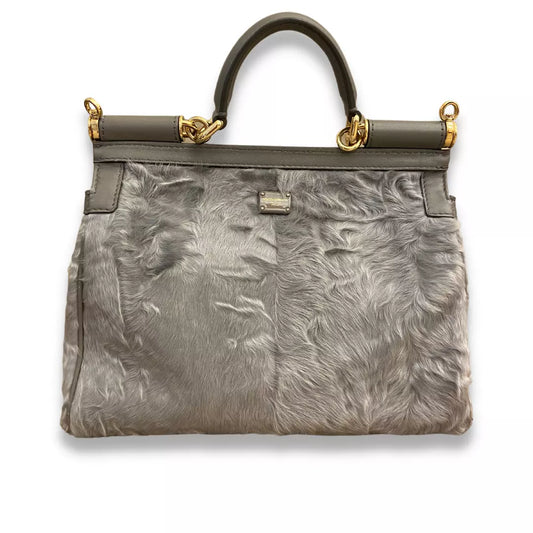 DOLCE & GABBANA GREY ASTRAKHAN FUR SICILY BAG